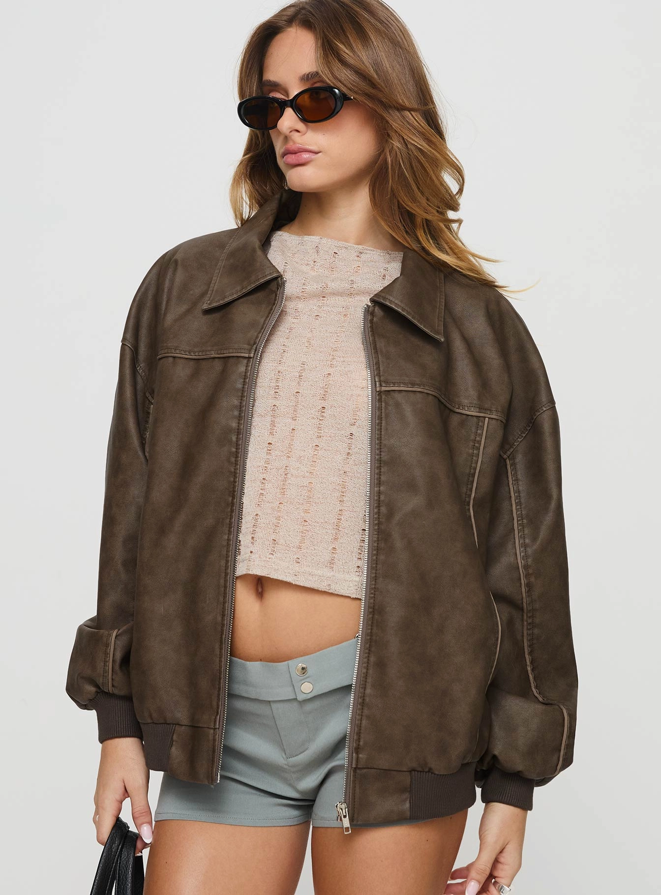Quick Release Buckle Goldsmith Faux Leather Bomber Jacket Washed Brown Petite