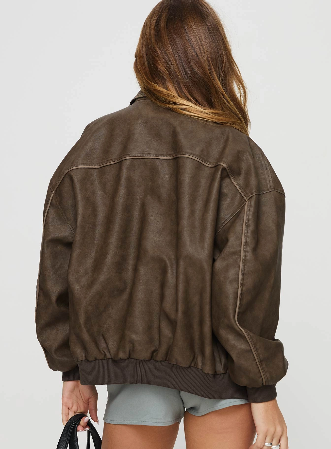 Goldsmith Faux Leather Bomber Jacket Washed Brown Petite NonRestrictive Movement Design Insulated Lining