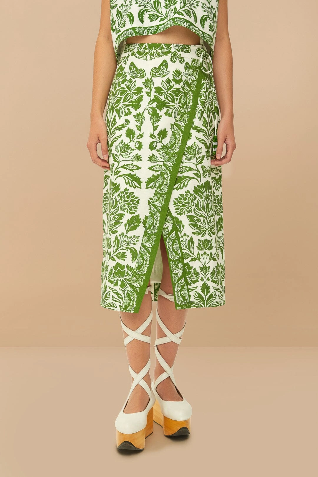 Draped Silhouette Fashion Mood Green Delicate Tapestry LENZING? ECOVERO? Euroflax? Midi Skirt
