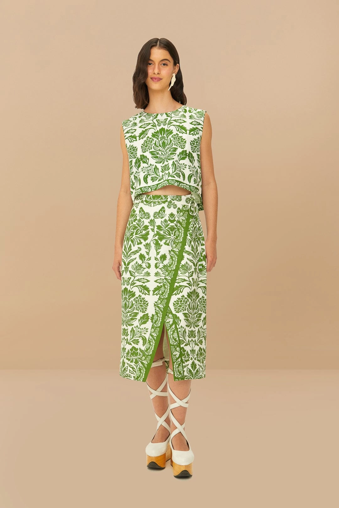 Green Delicate Tapestry LENZING? ECOVERO? Euroflax? Midi Skirt Cuffed hem Soft Styling