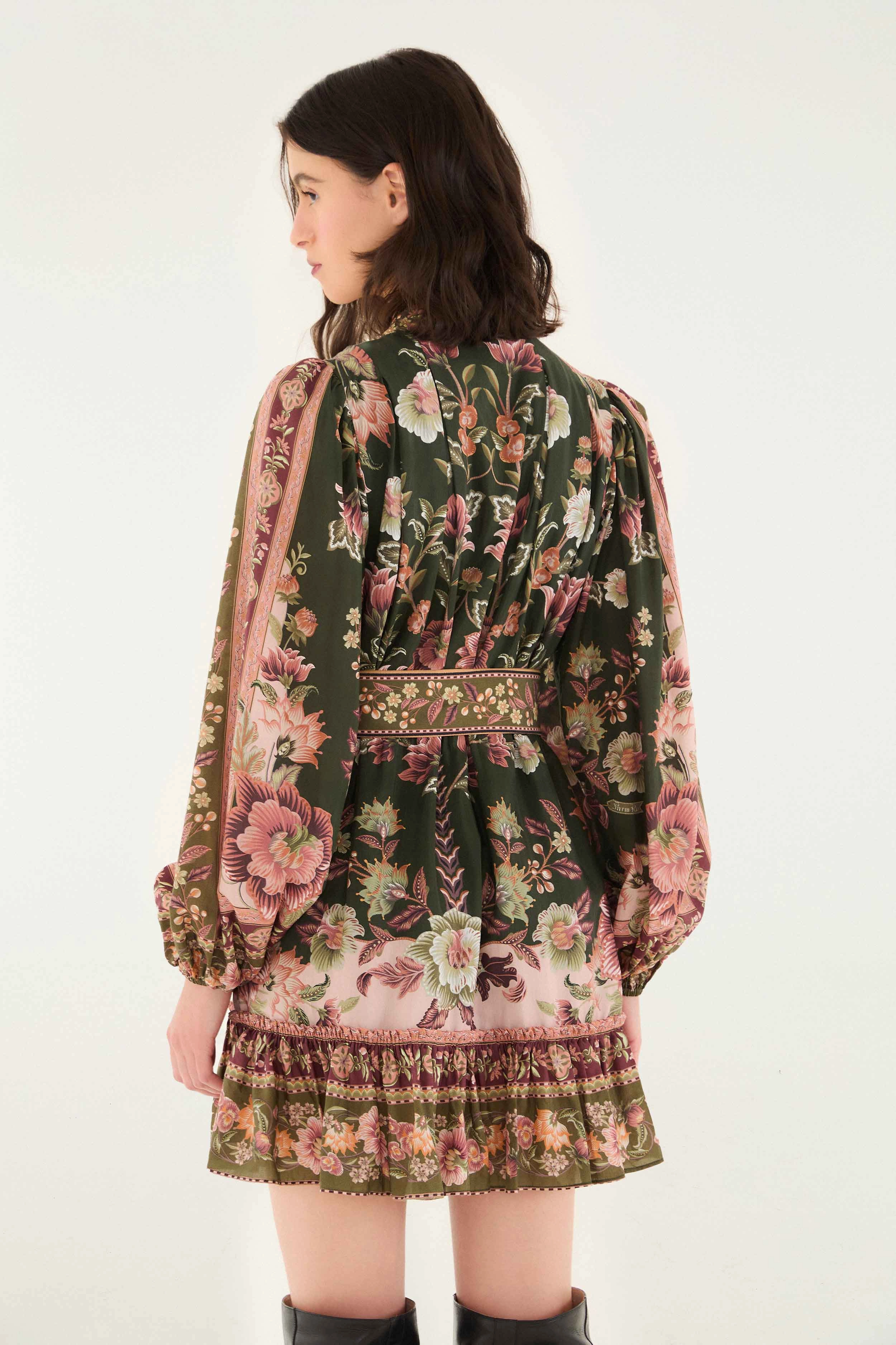 Daily Mood Green Flowering Garden Tree Mini Dress Lace Up Front