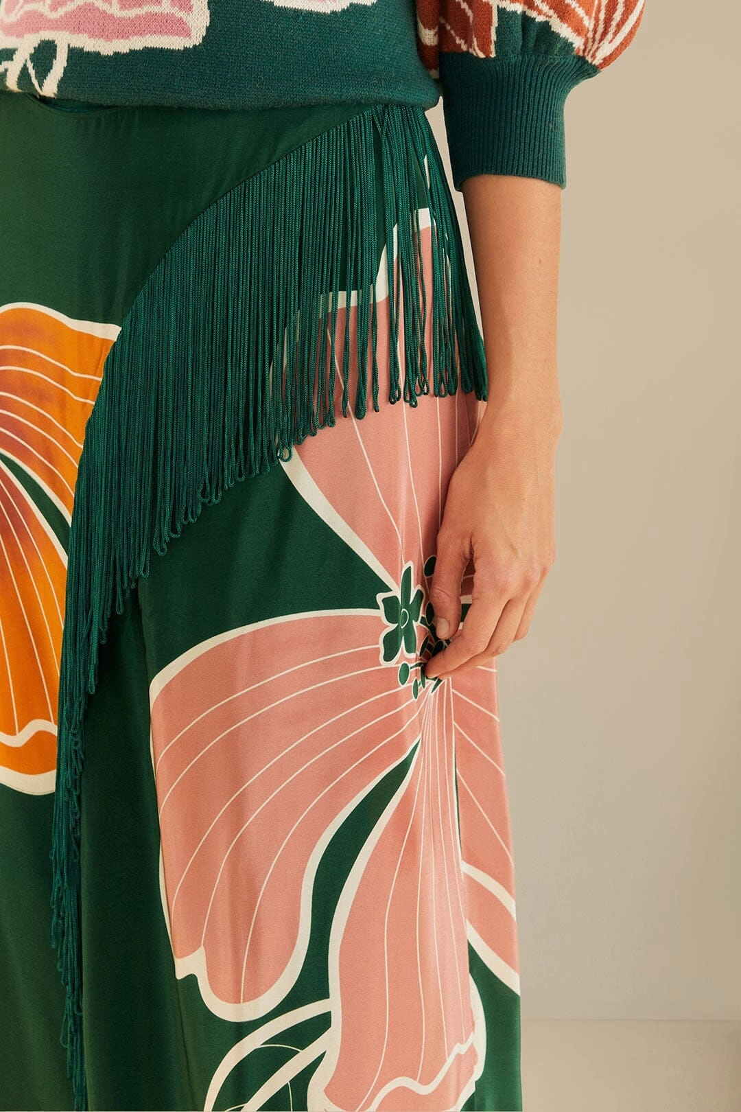 Modest Wear Green Honolulu Flowers Fringe Maxi Skirt