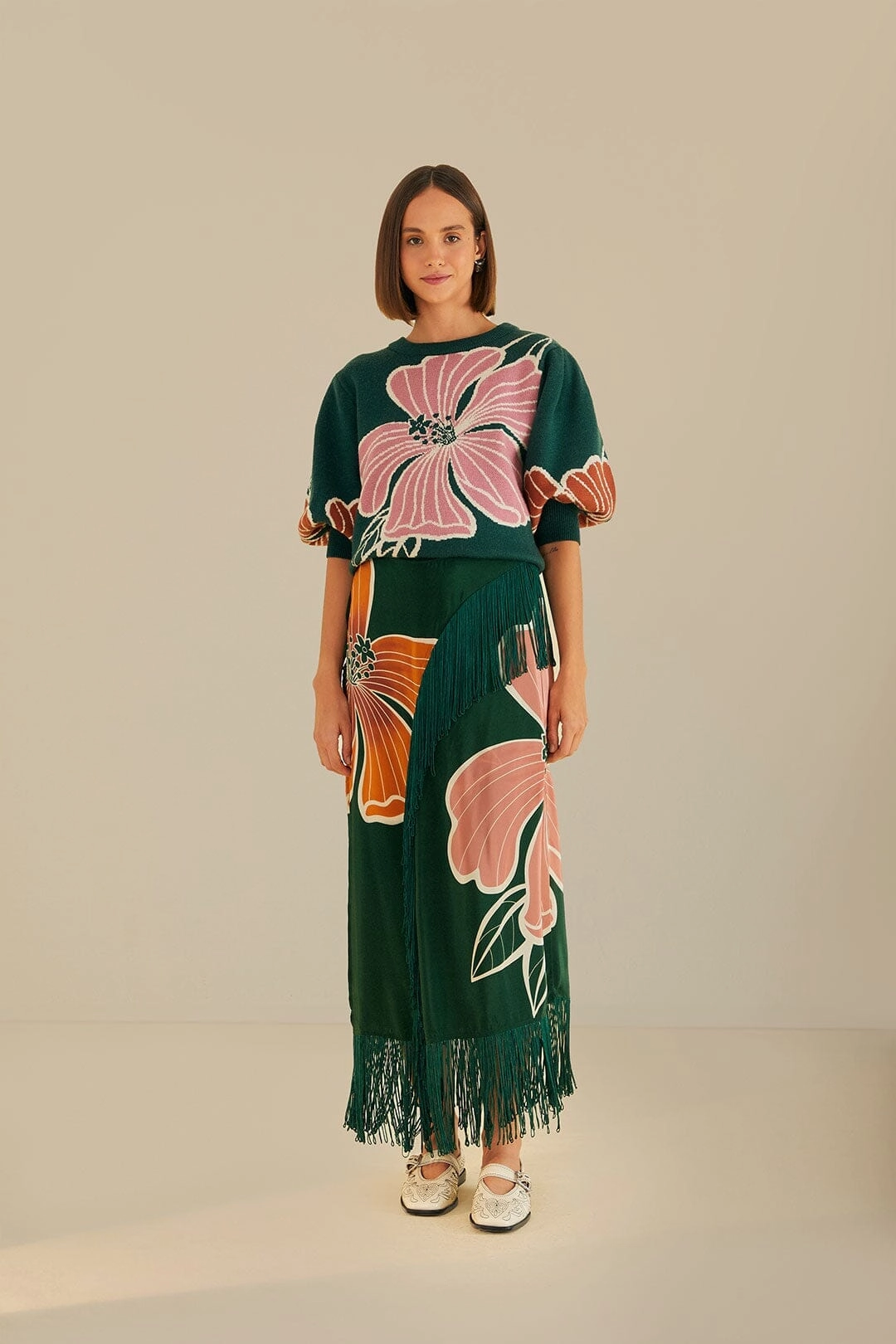 Green Honolulu Flowers Fringe Maxi Skirt Inverted Pleats Polished Look