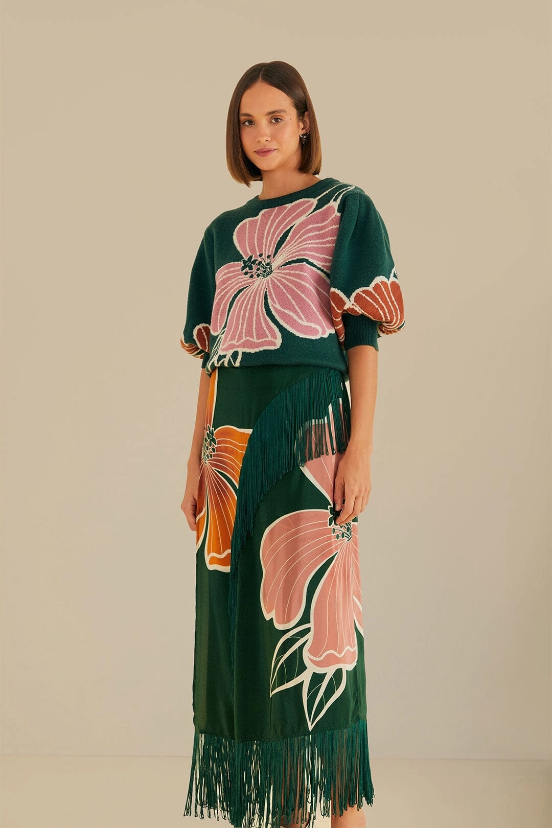 Travel Style Green Honolulu Flowers Fringe Maxi Skirt