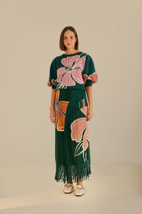 Green Honolulu Flowers Fringe Maxi Skirt Inverted Pleats Polished Look