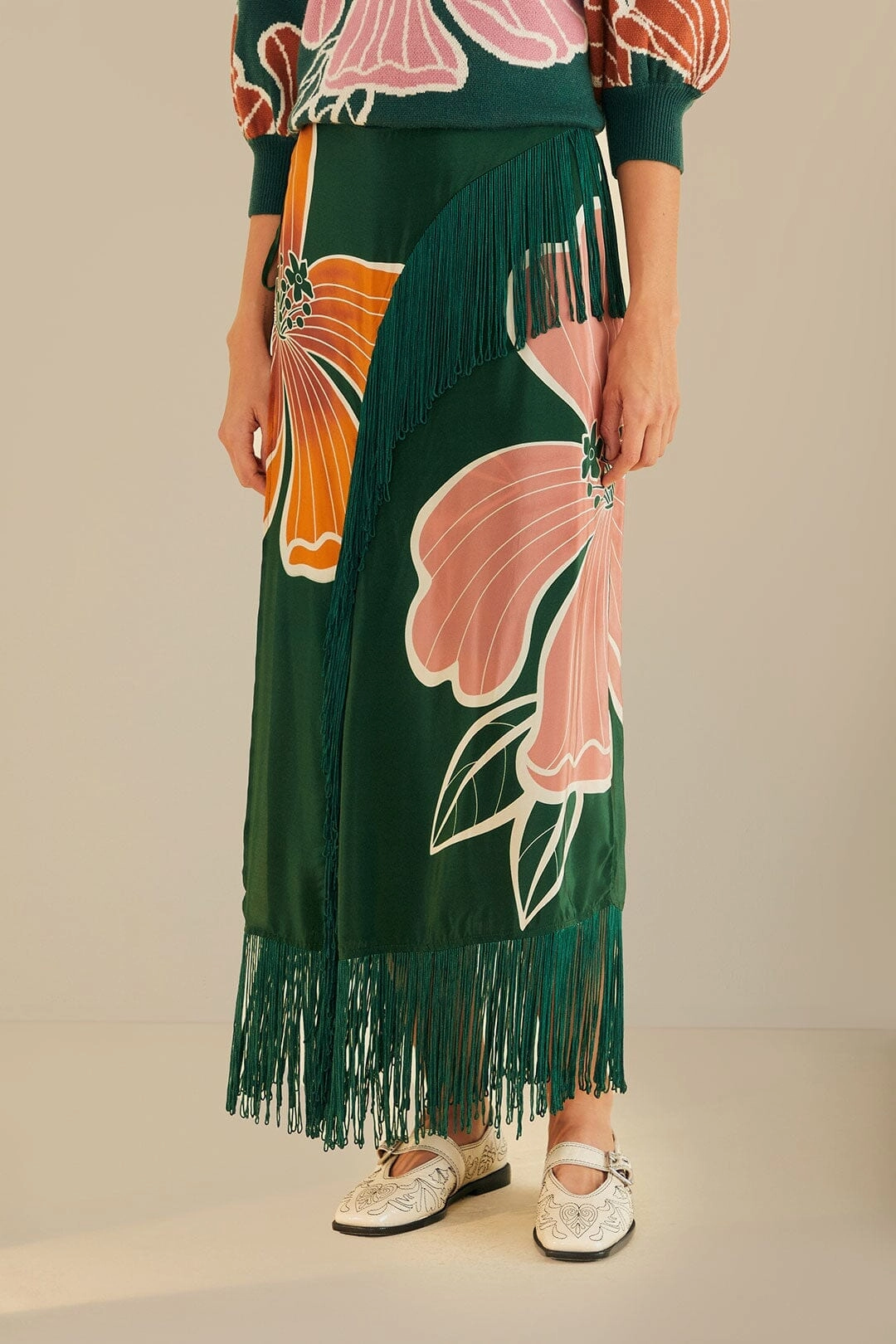 Green Honolulu Flowers Fringe Maxi Skirt Minimal Design