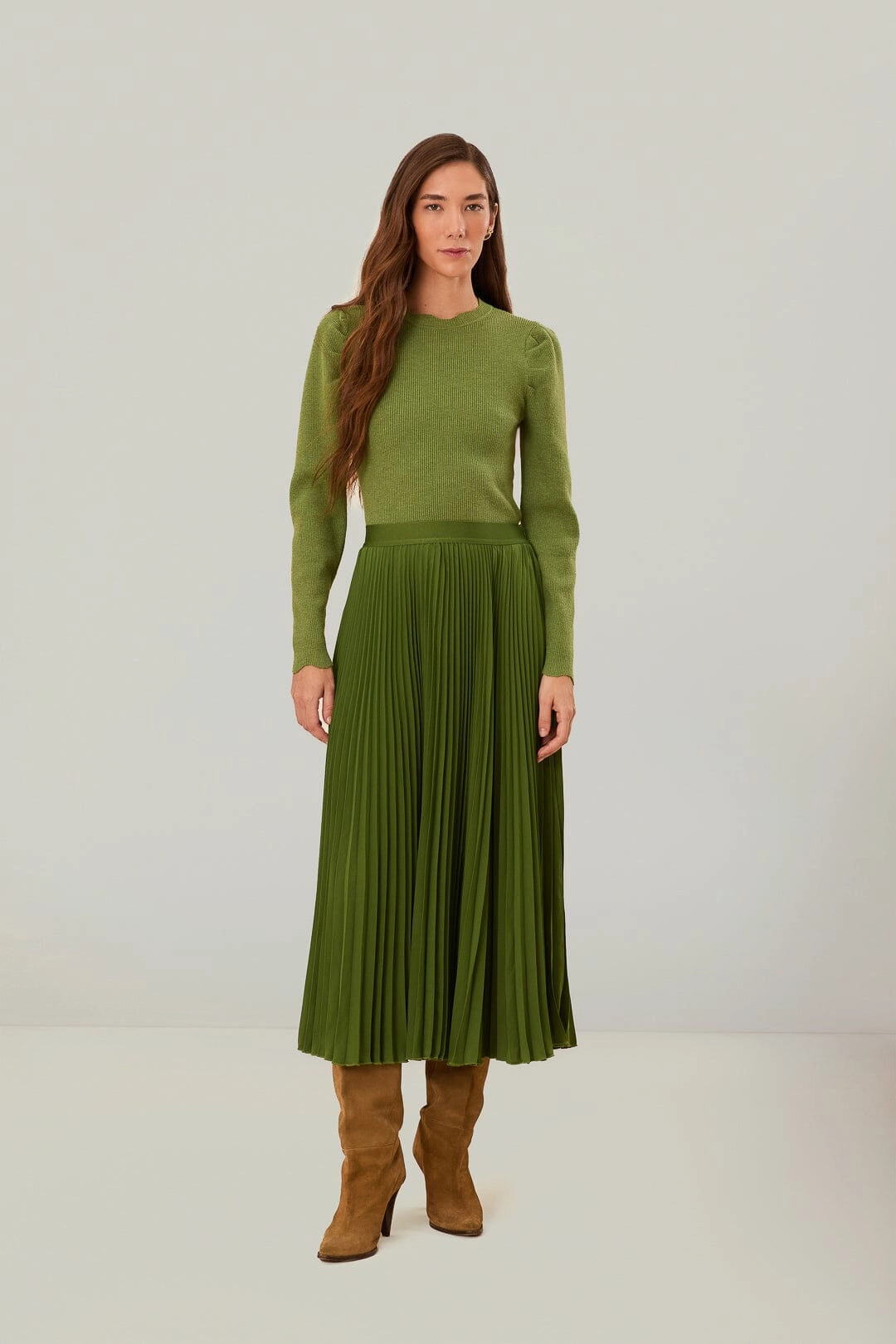 Velvet Finish Basic Layers Green Pleated Maxi Skirt