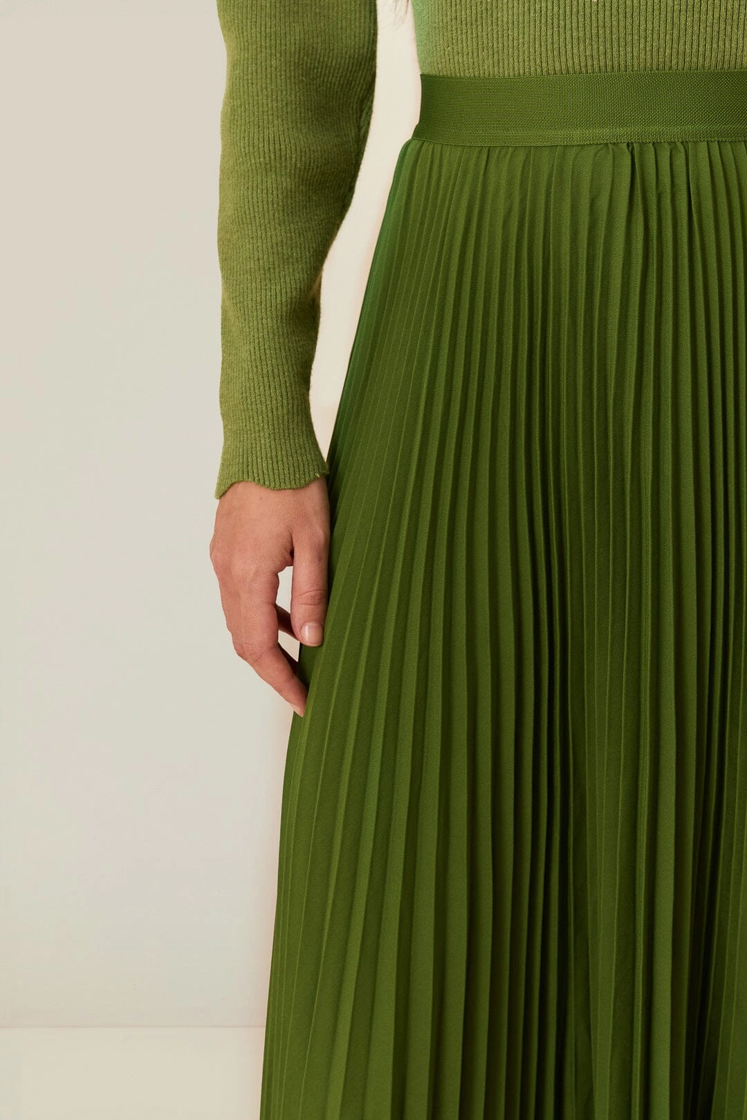 Green Pleated Maxi Skirt Tonal Look Curvy Fit
