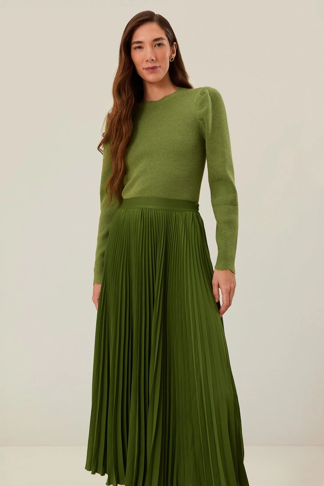 All Occasion Shape Enhancing Green Pleated Maxi Skirt