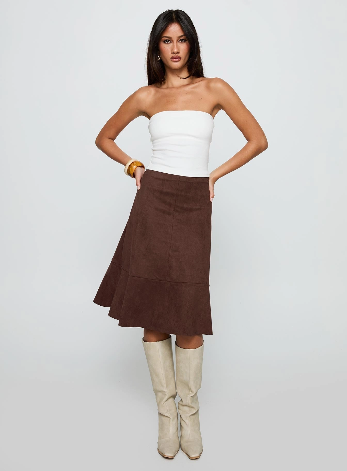 Seasonal Drop Stylish Vibe Grimaud Faux Suede Midi Skirt Brown