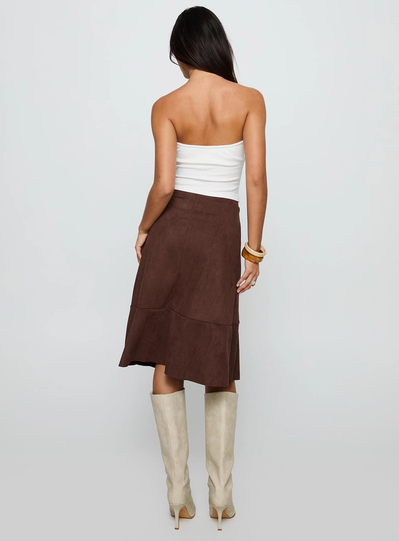 Grimaud Faux Suede Midi Skirt Brown Adjustable Closure