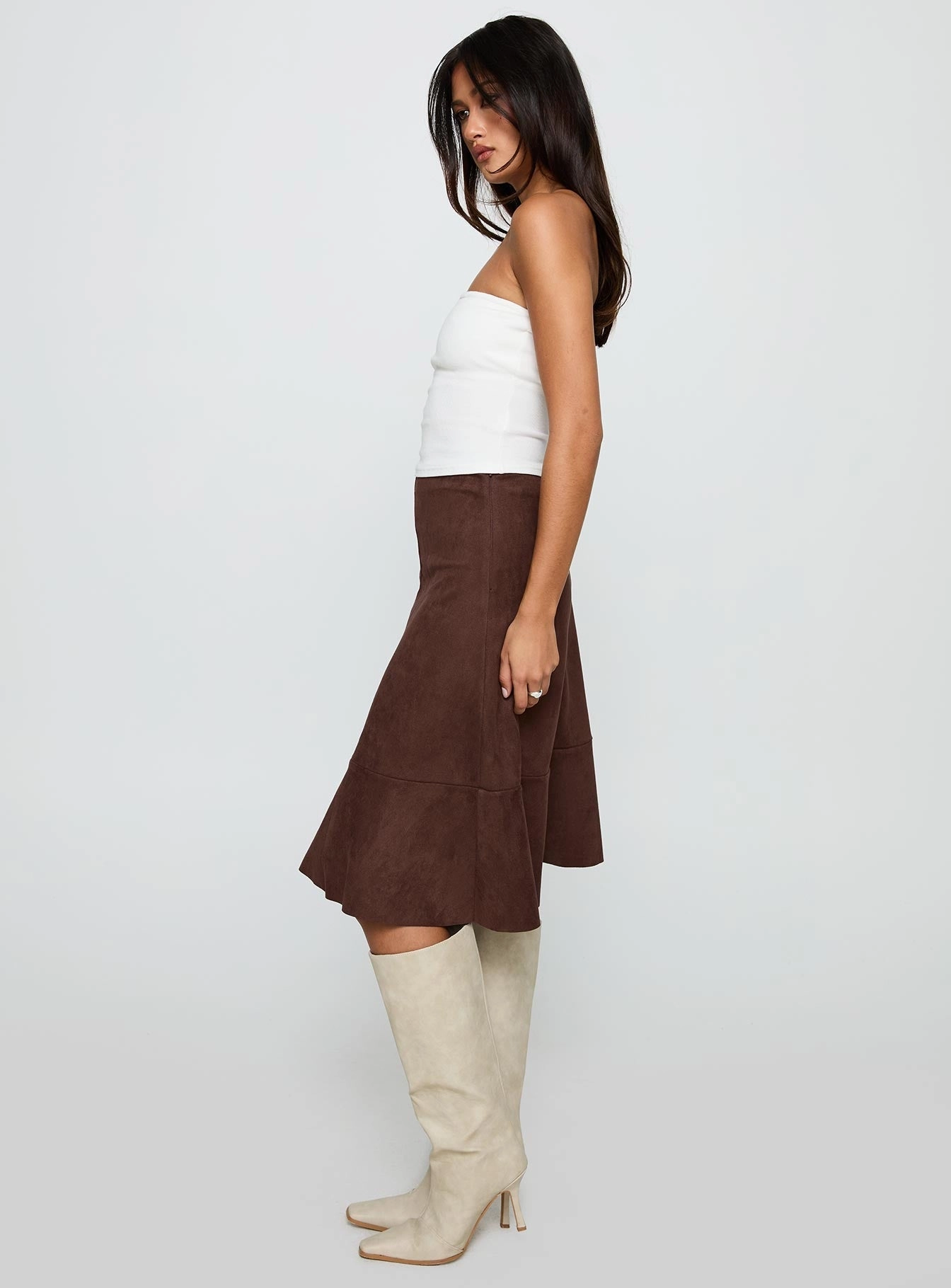 All Day Comfort Cuffed hem Grimaud Faux Suede Midi Skirt Brown
