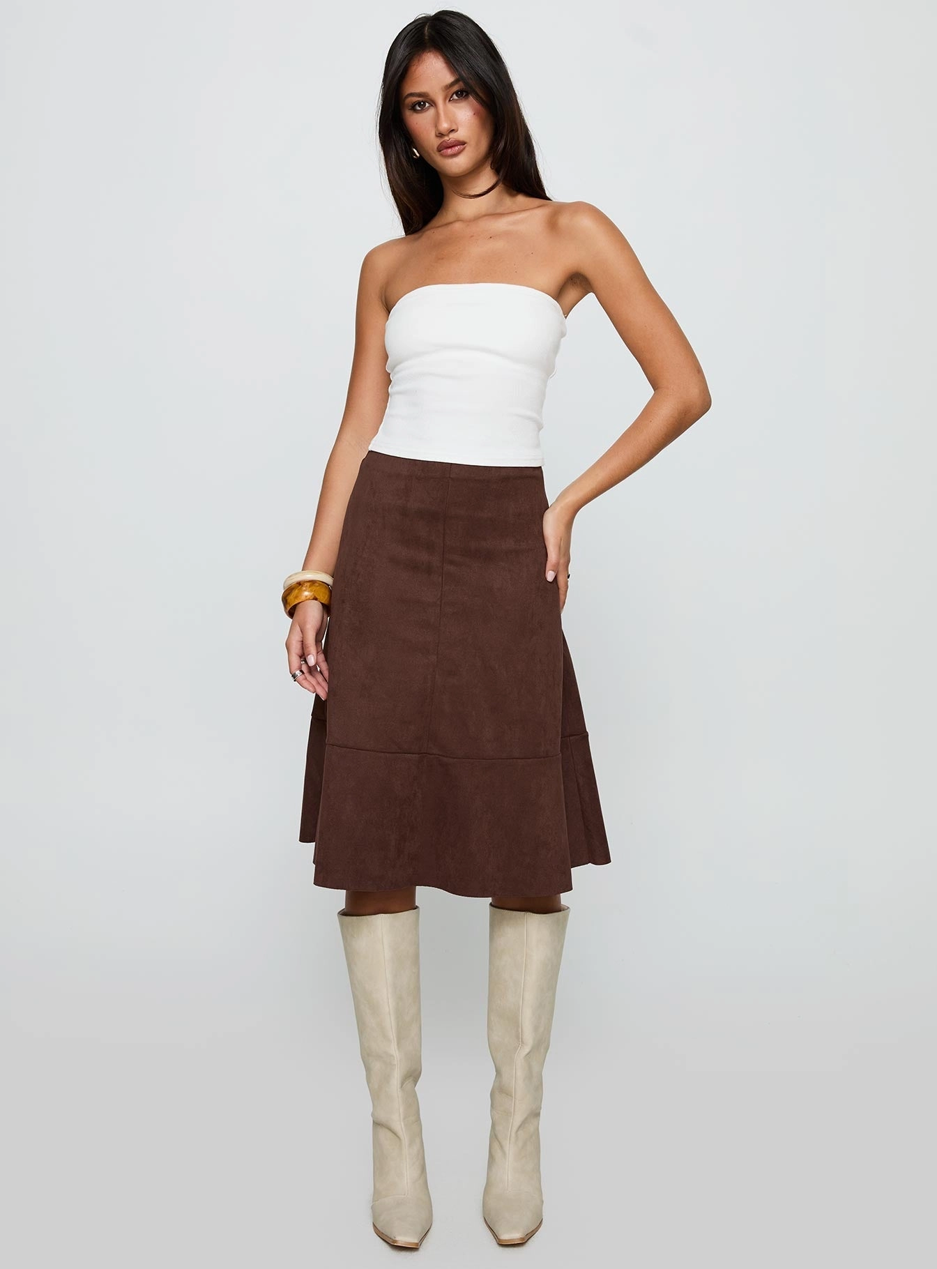 Grimaud Faux Suede Midi Skirt Brown Refined Edge