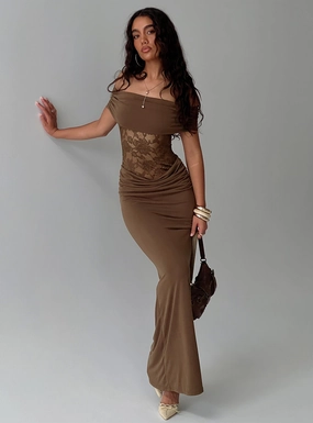 Essential Piece Peace Glow Gwendolen Off The Shoulder Maxi Dress Brown