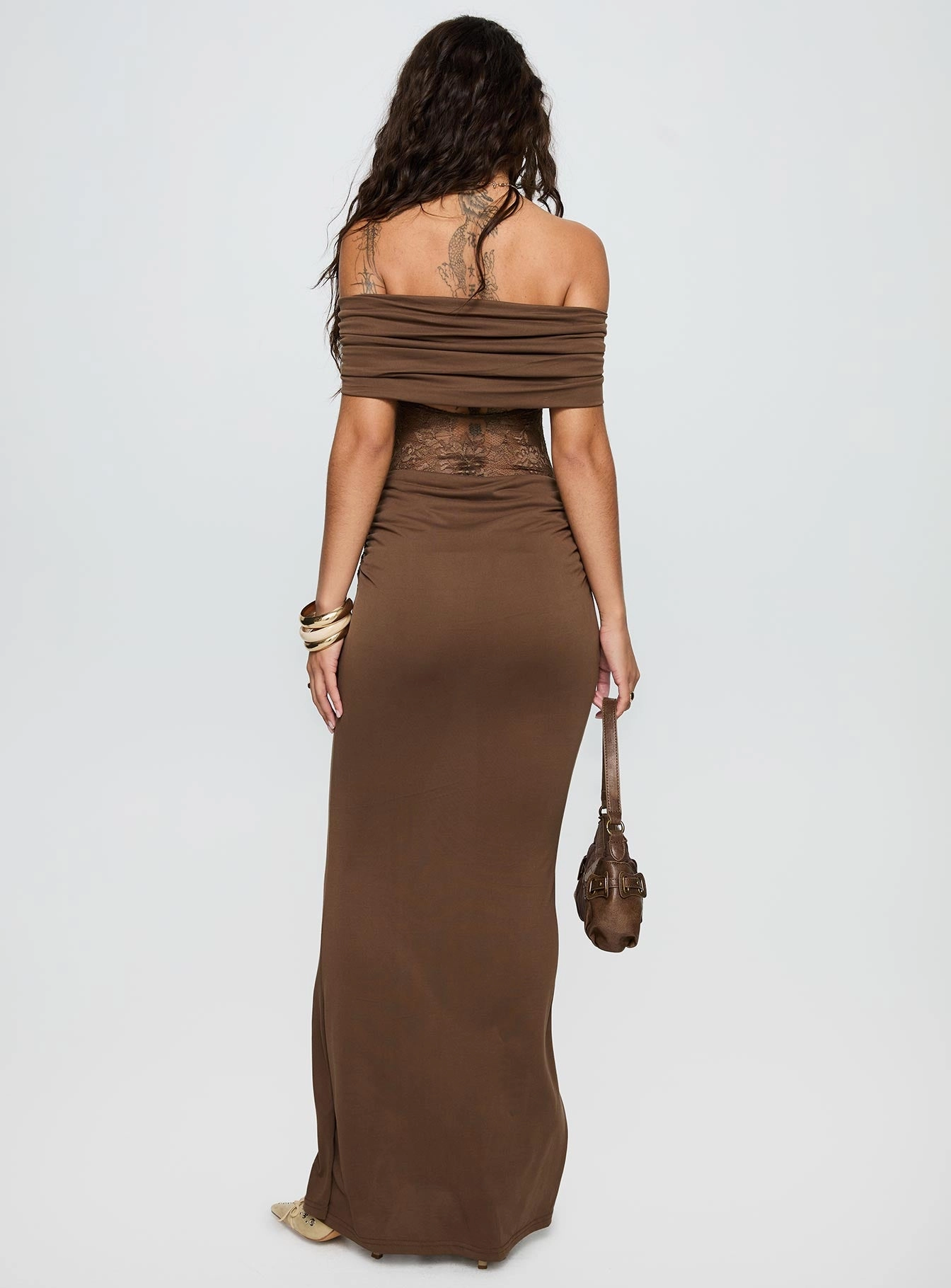 All-Purpose Comfort Gwendolen Off The Shoulder Maxi Dress Brown