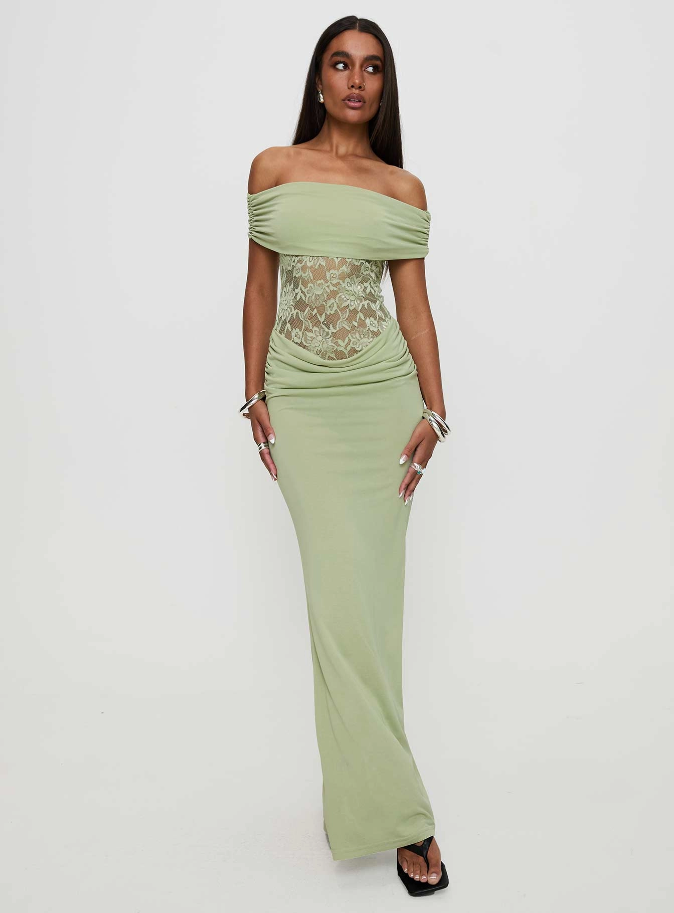 Love Glow Gwendolen Off The Shoulder Maxi Dress Green