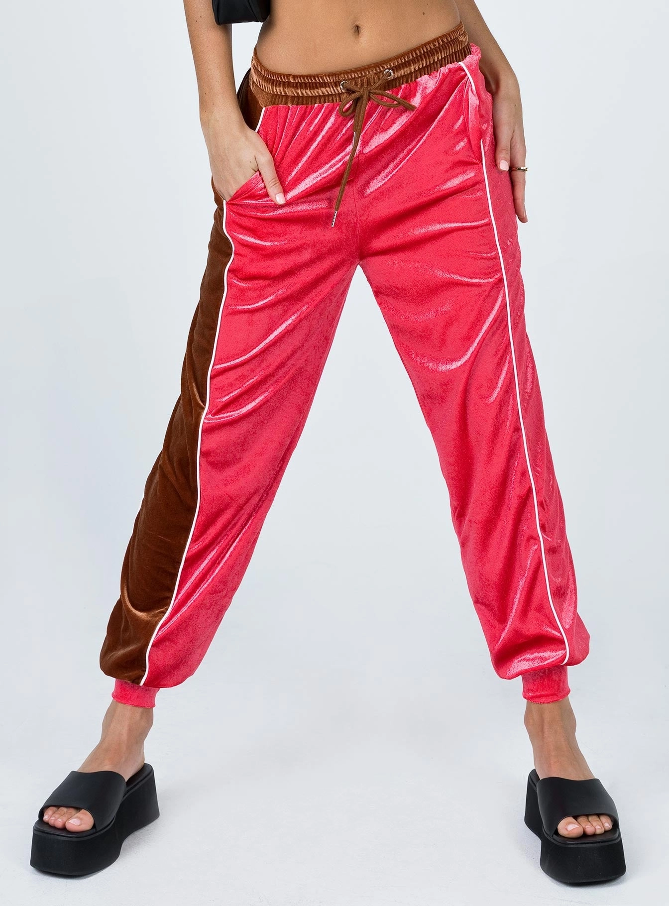 Harper Velour Track Pants Pink Flat Seams