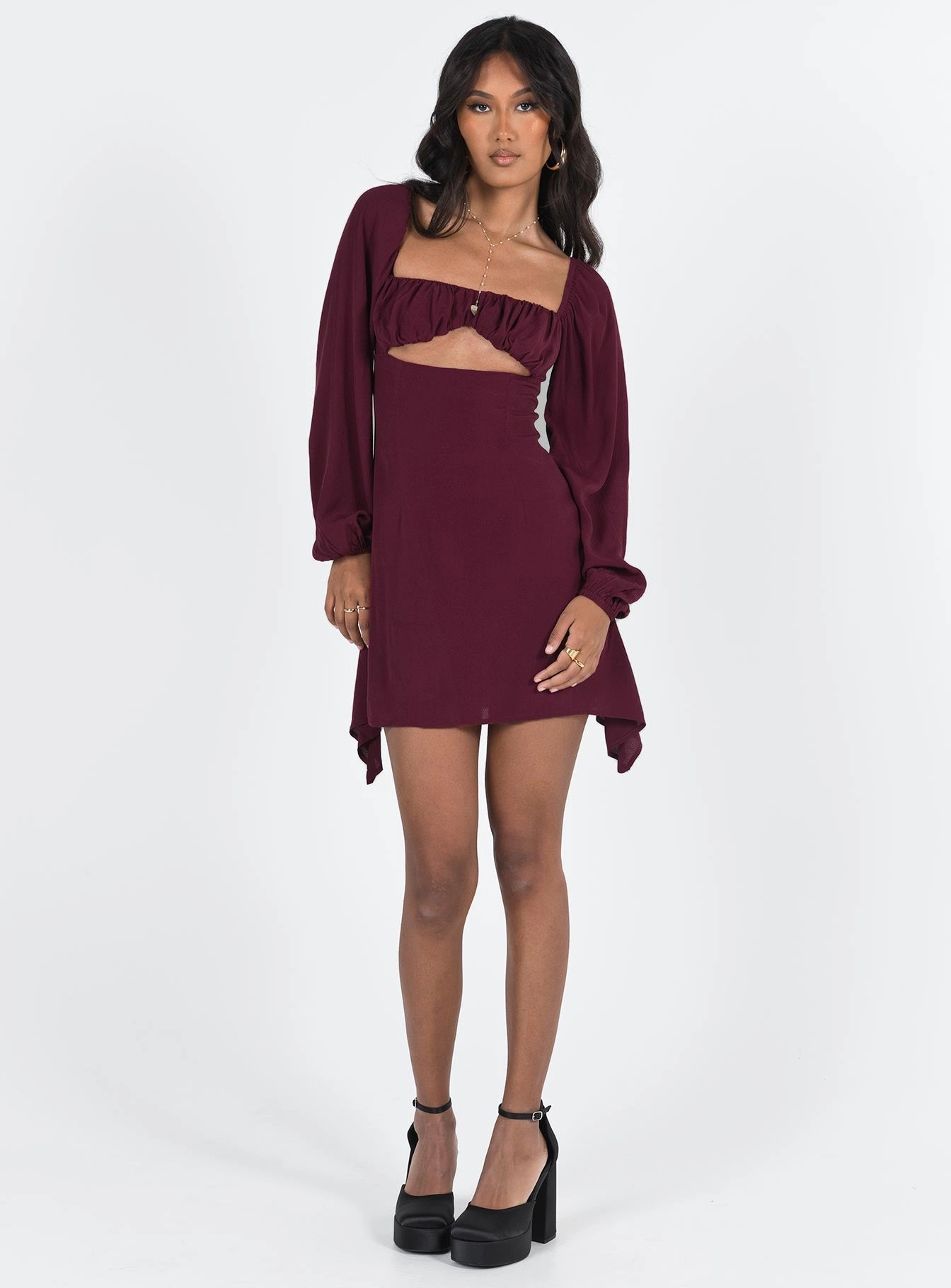 Haven Long Sleeve Mini Dress Burgundy Work Appropriate Subtle Charm