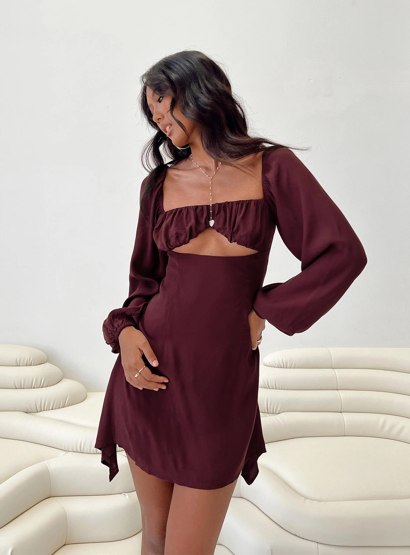 Work Vibes Haven Long Sleeve Mini Dress Burgundy