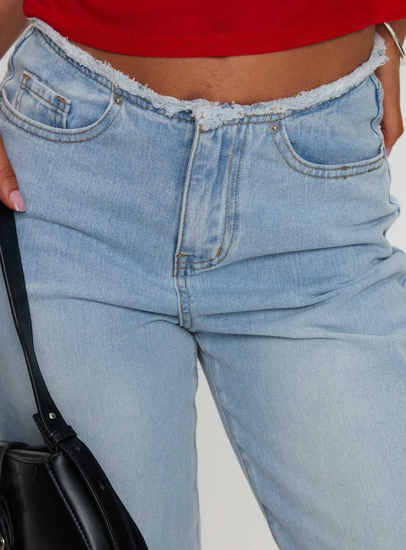 Comfort Stretch Weave Affordable Beach Day Hawke Frayed Mid Rise Straight Leg Jeans Mid Blue
