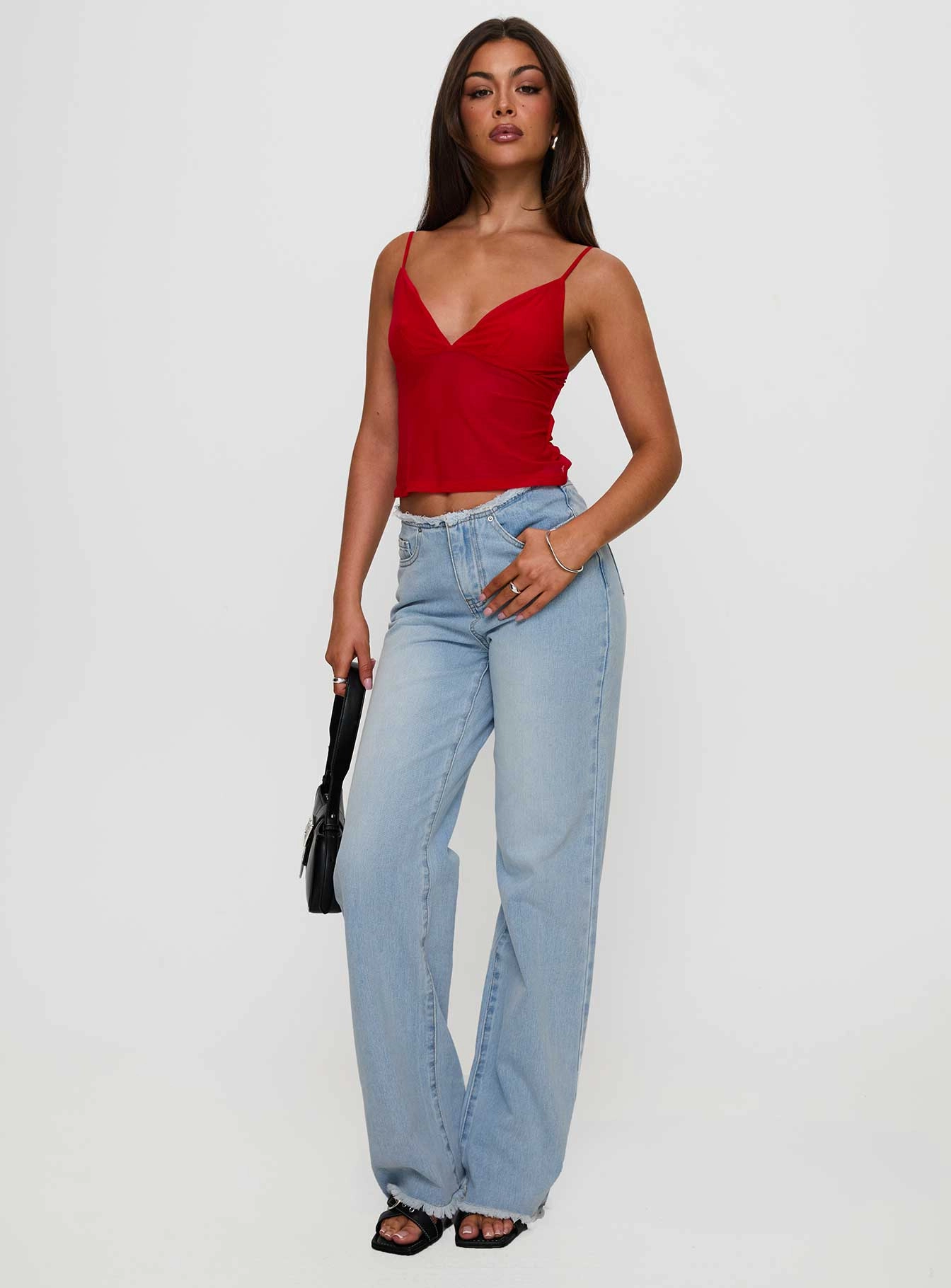 Calm Aesthetic Office Wear Modern Hawke Frayed Mid Rise Straight Leg Jeans Mid Blue
