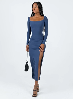 Essential Piece Perfect Style Hayward Long Sleeve Midi Dress Blue