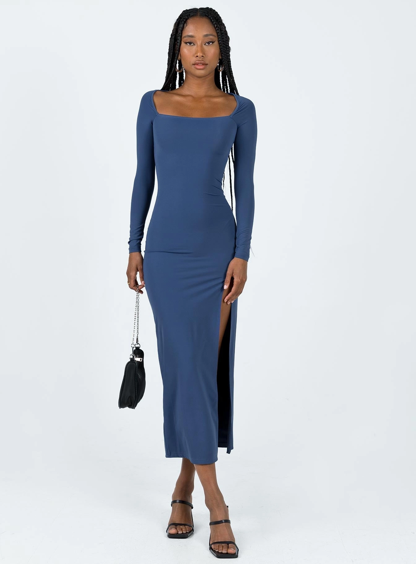 StretchableKnit Timeless Wearable Hayward Long Sleeve Midi Dress Blue