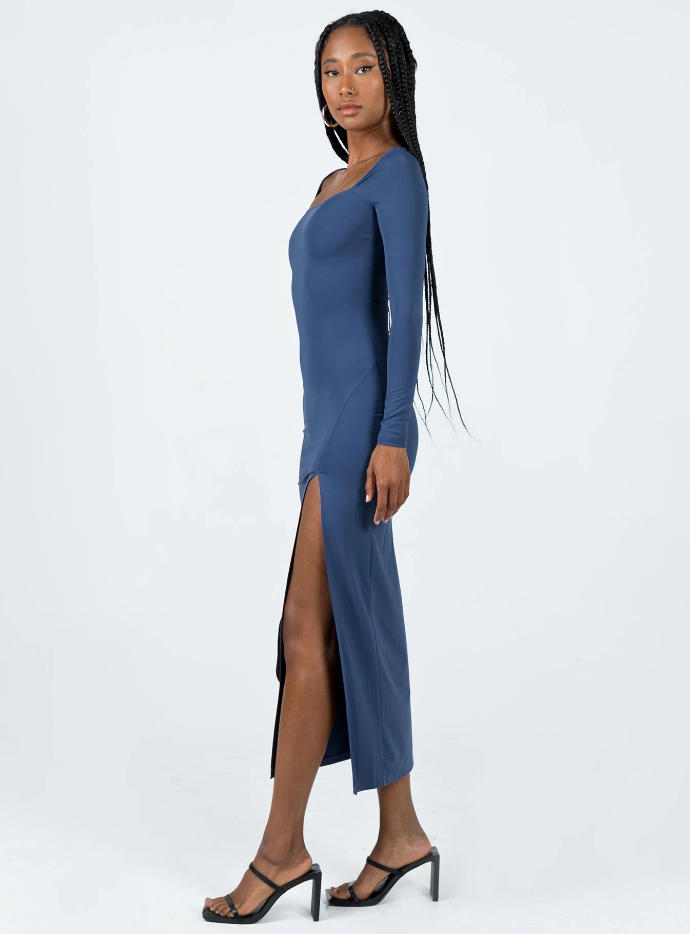 Soft Drape Feminine Mood Hayward Long Sleeve Midi Dress Blue