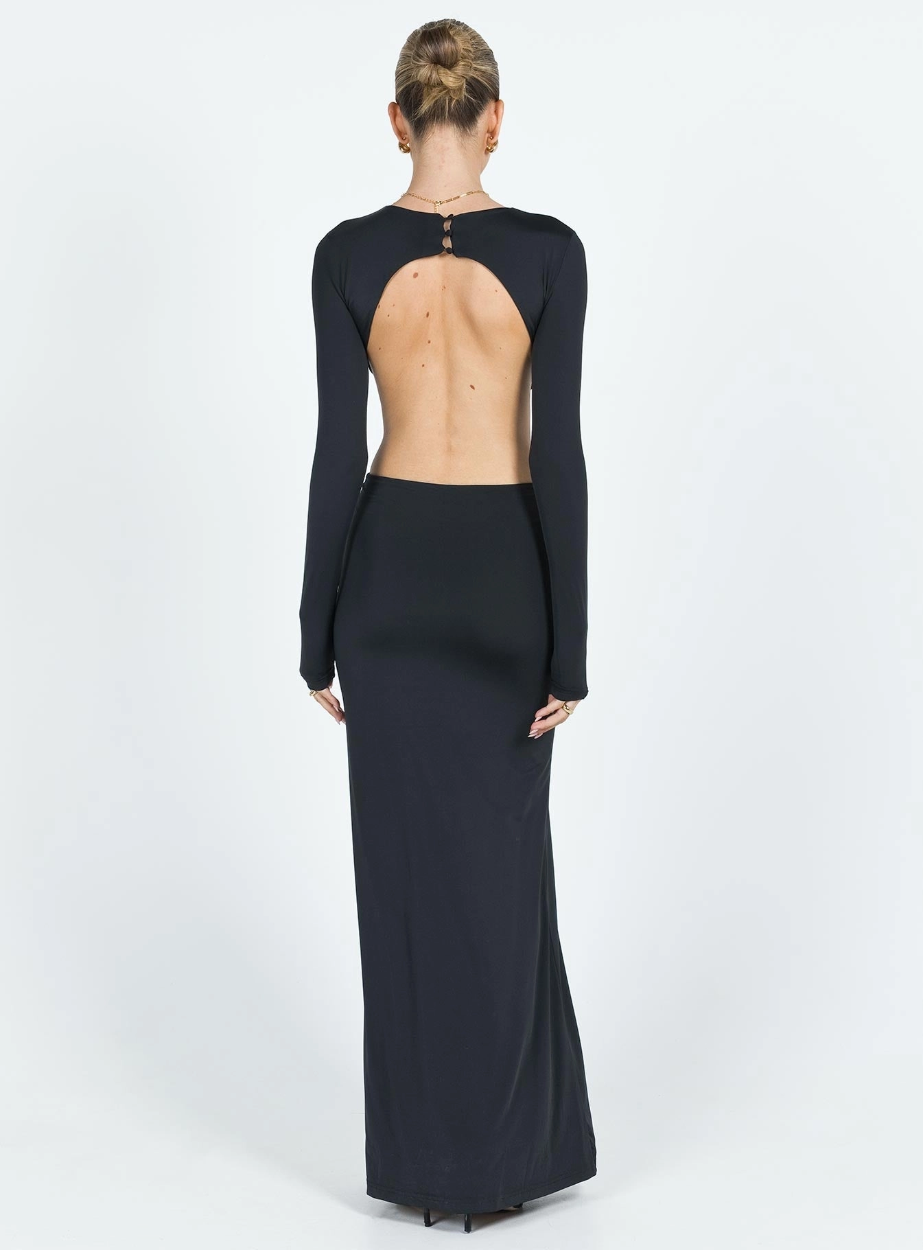 Heuston Backless Maxi Dress Black Satin Layers