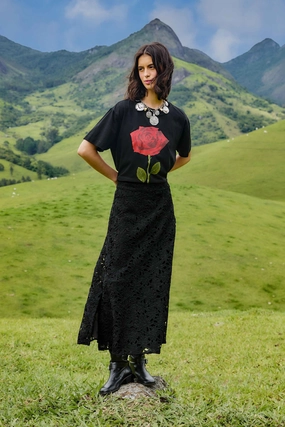 Black Flowered Lace Midi Skirt Lightweight Lining Modest Wear