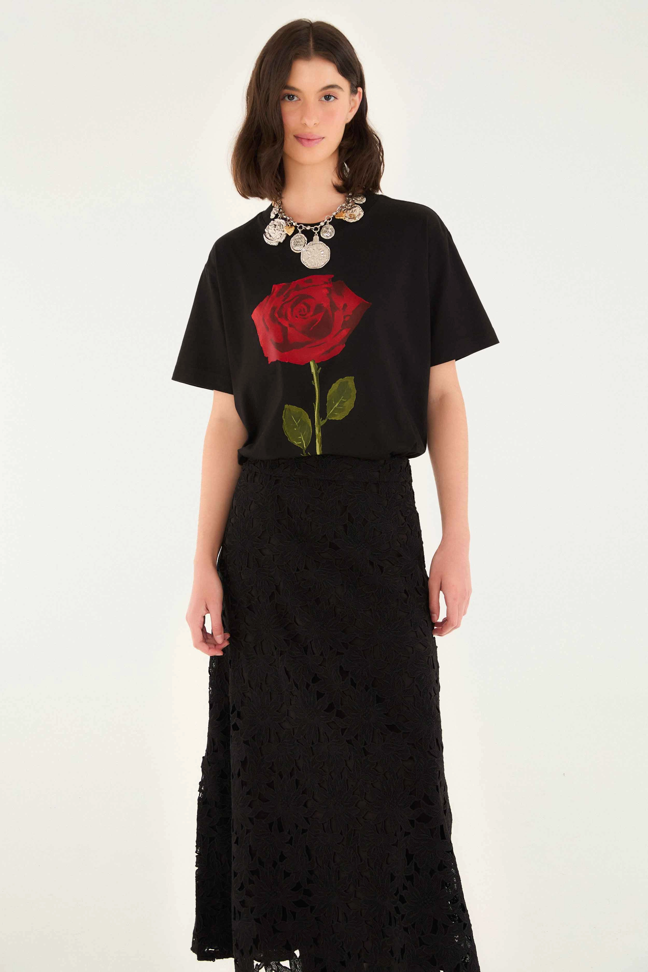 Convertible Style Non Irritating Texture Black Flowered Lace Midi Skirt