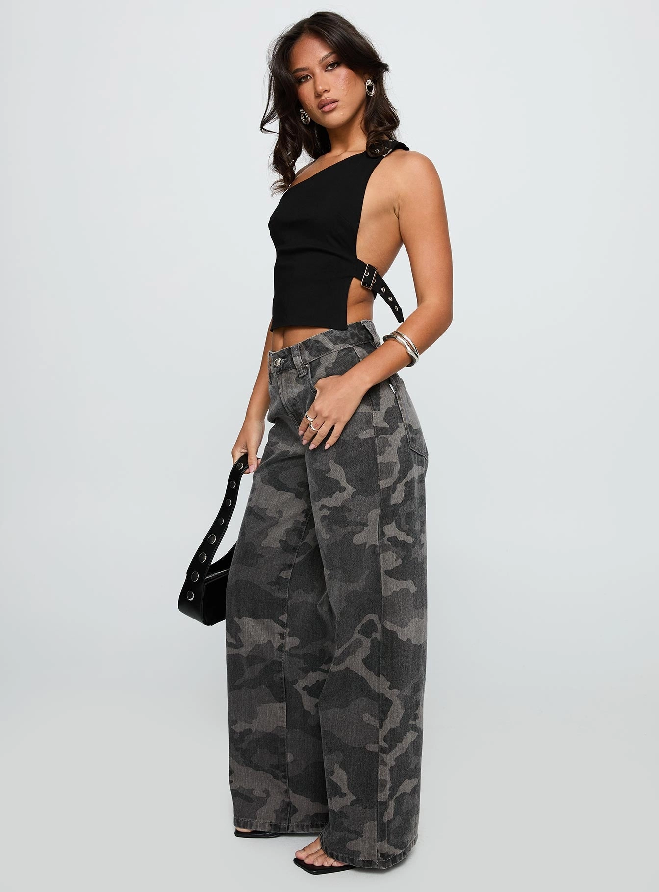 Big Talk Mid Rise Straight Leg Jeans Grey Washed Camo Basic Piece