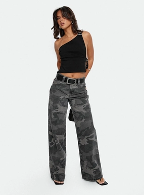 Big Talk Mid Rise Straight Leg Jeans Grey Washed Camo High Rise
