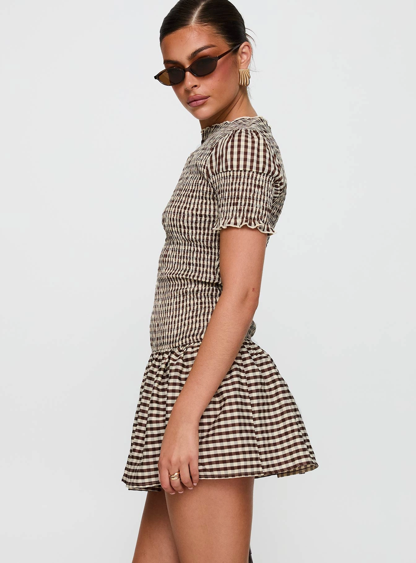 Laurita Shirred Mini Dress Brown Check Tall Happy Soul