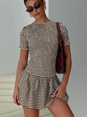 Versatile Piece Laurita Shirred Mini Dress Brown Check Tall