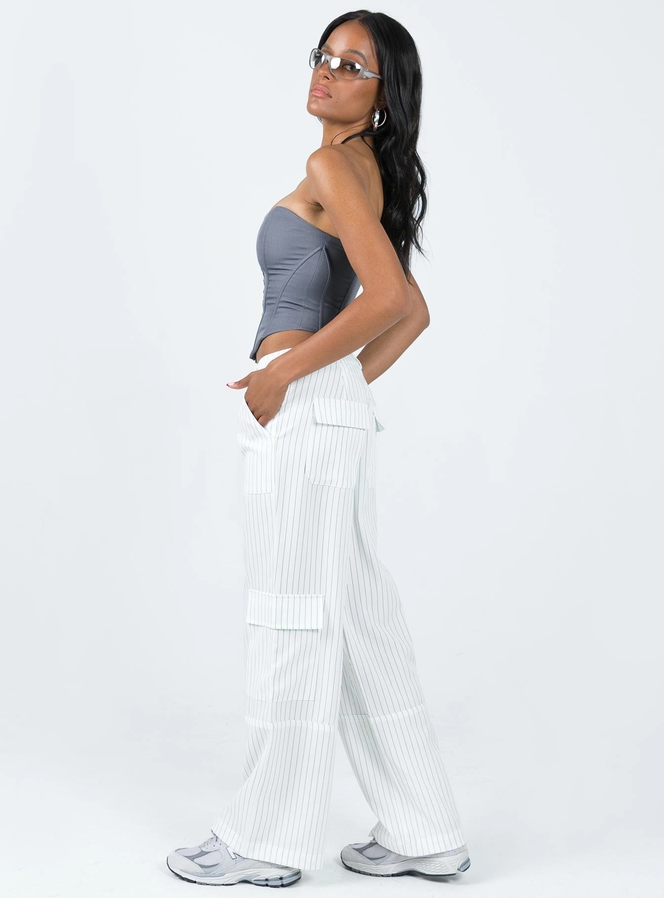 Recyclable Fabric Blend Move Easy Luna Mid Rise Cargo Pants White Pinstripe