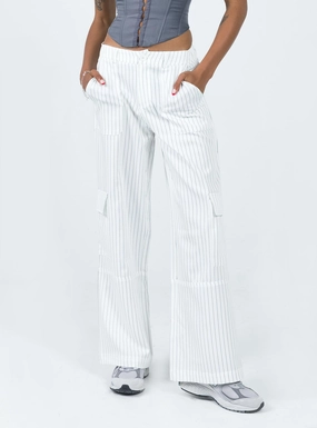 Luna Mid Rise Cargo Pants White Pinstripe Non Restrictive Cut Travel Style