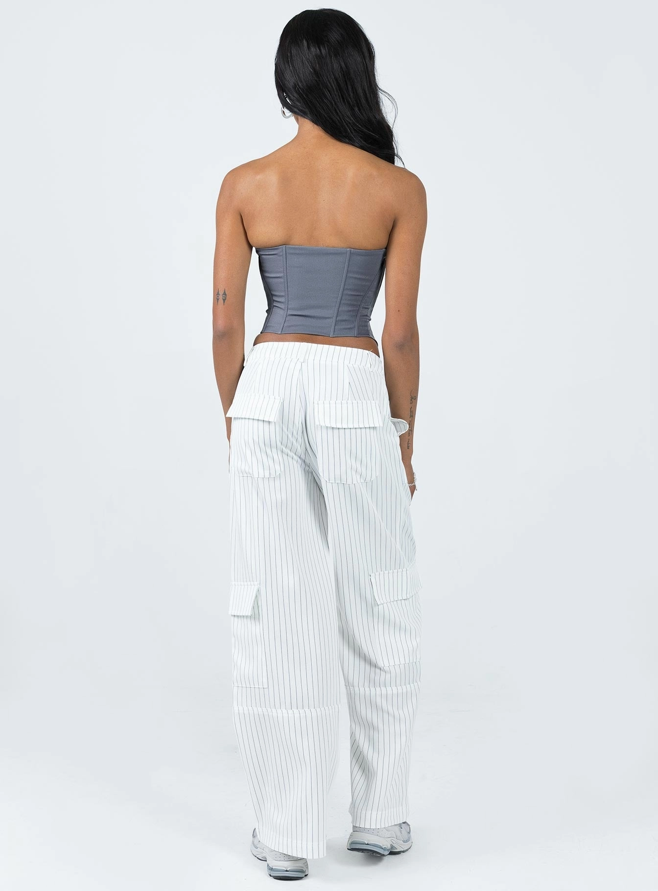 Luna Mid Rise Cargo Pants White Pinstripe Double Layered Hem