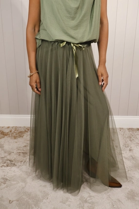 Hemp Blend Carrie Tulle Skirt Khaki