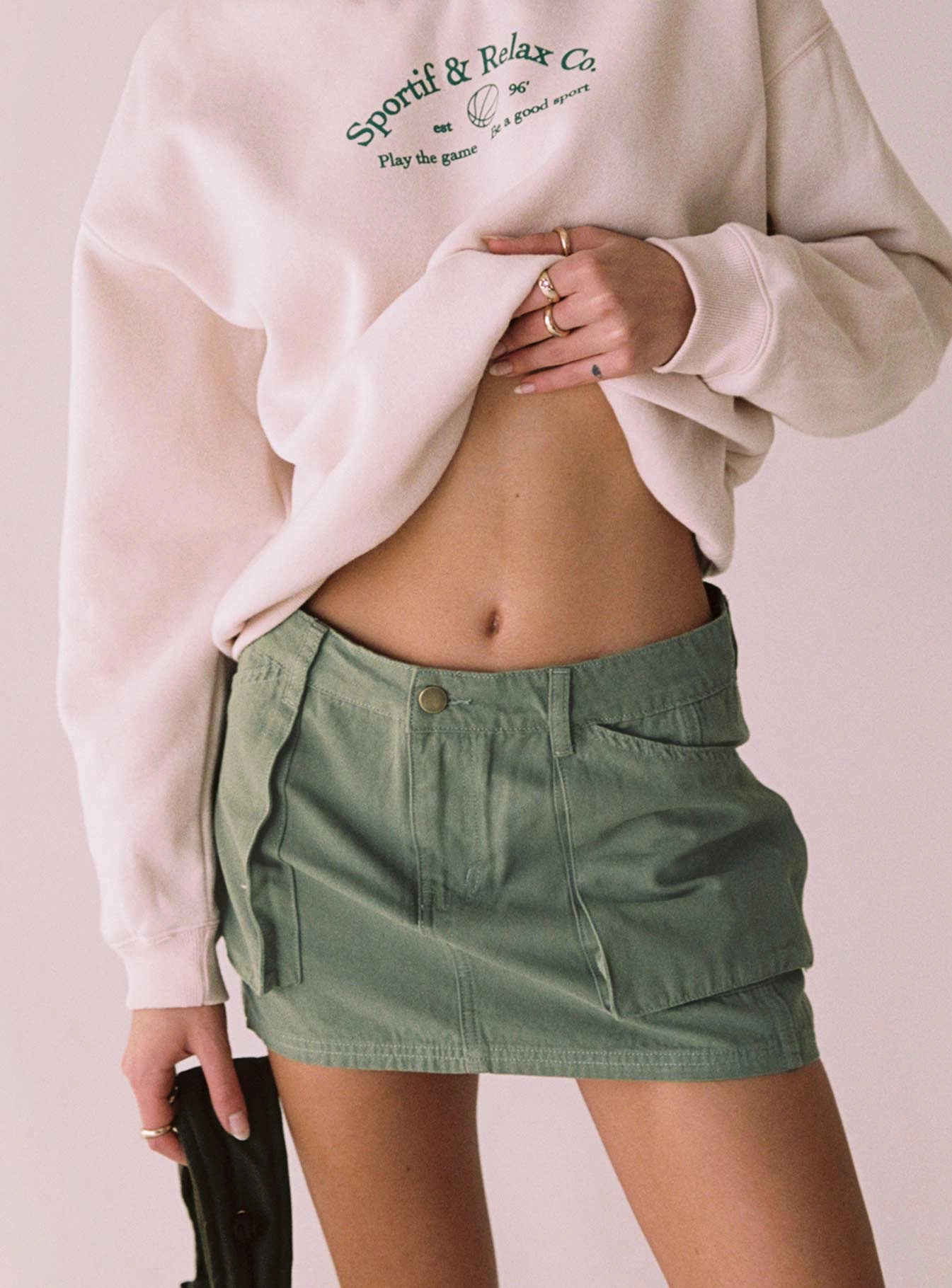 Leni Cargo Mini Skirt Khaki Pull On Style
