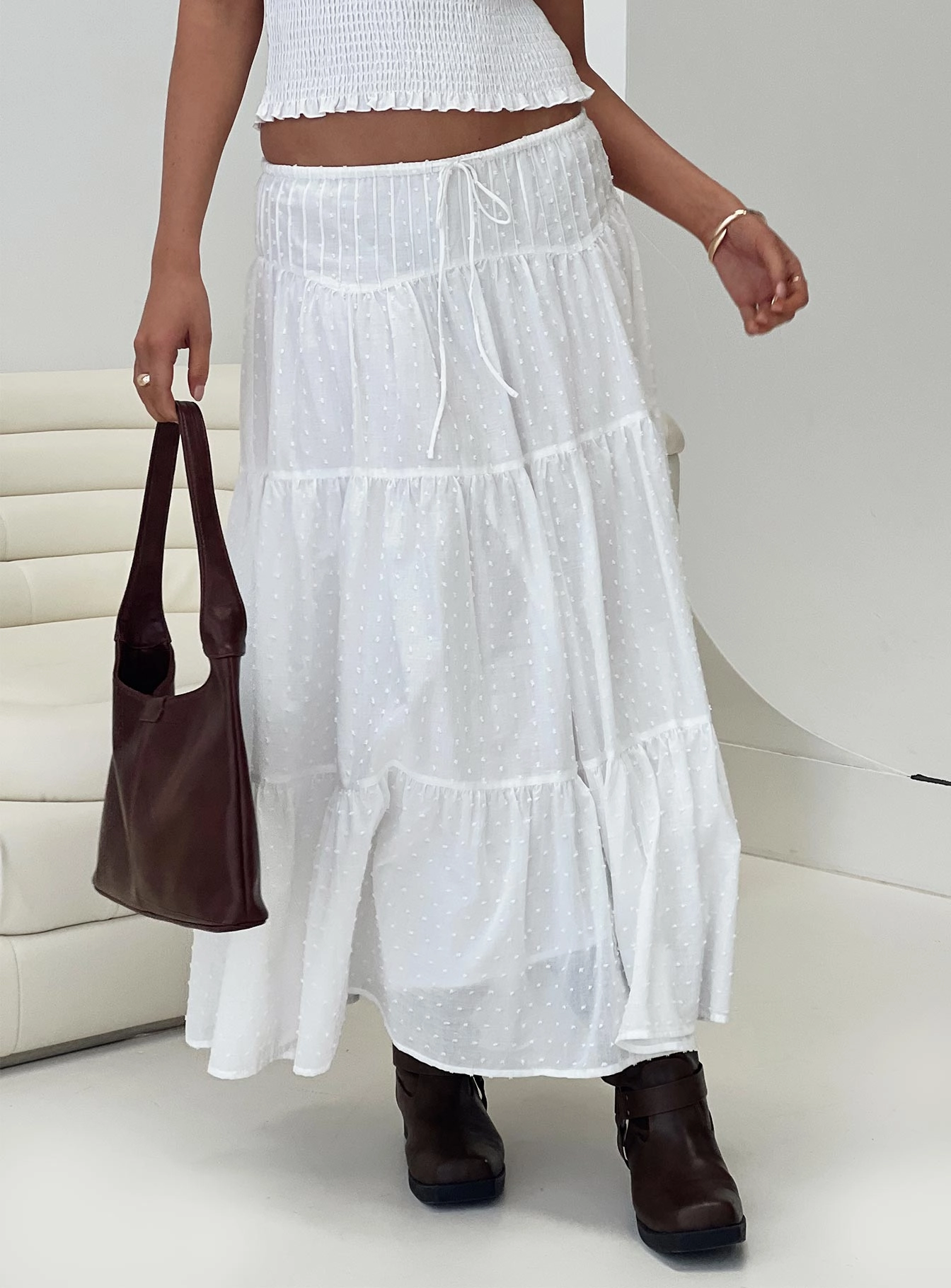 Lined interior Cherry On Top Maxi Skirt White