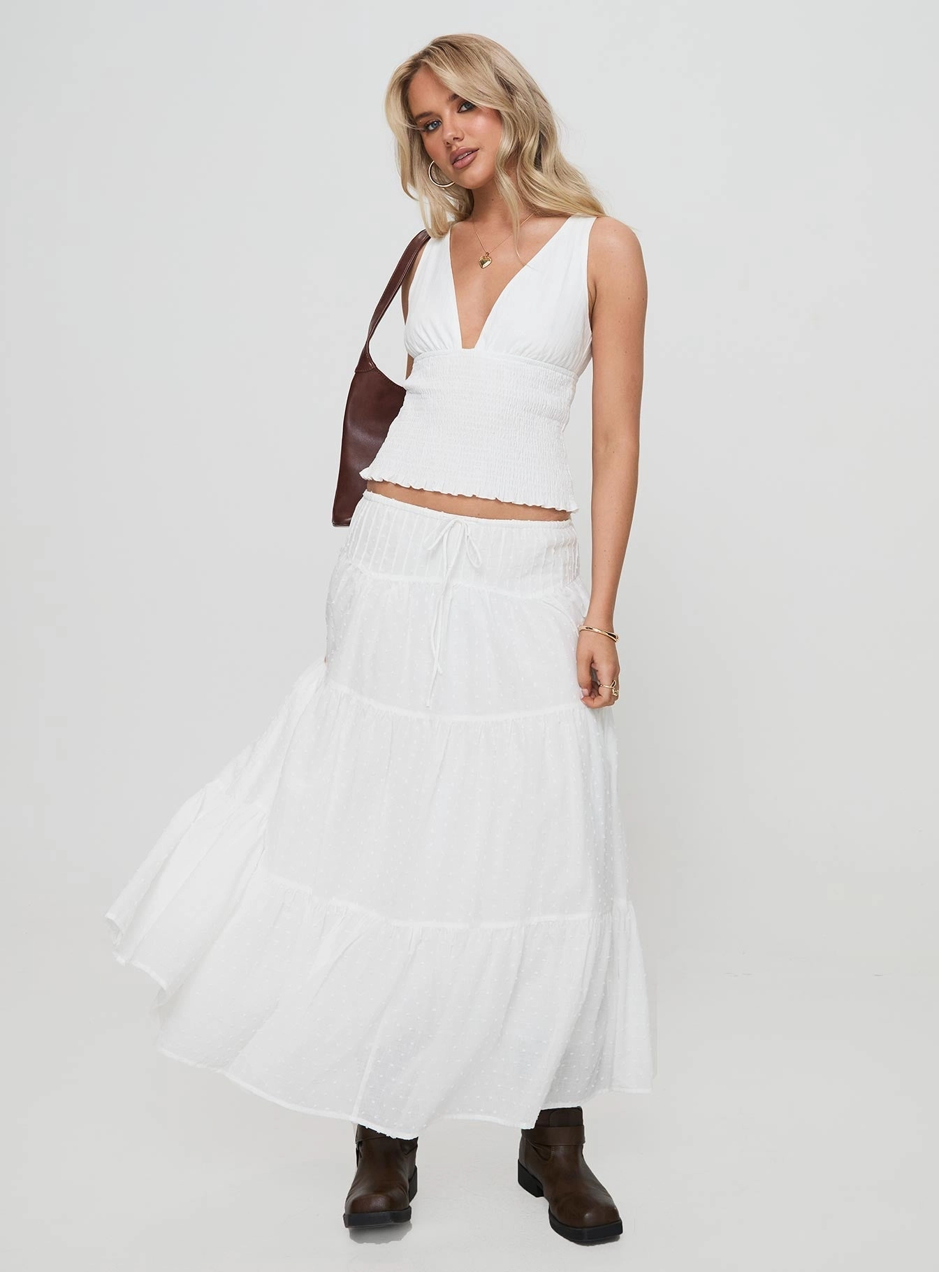 Metallic Finish Simple Outfit Cherry On Top Maxi Skirt White