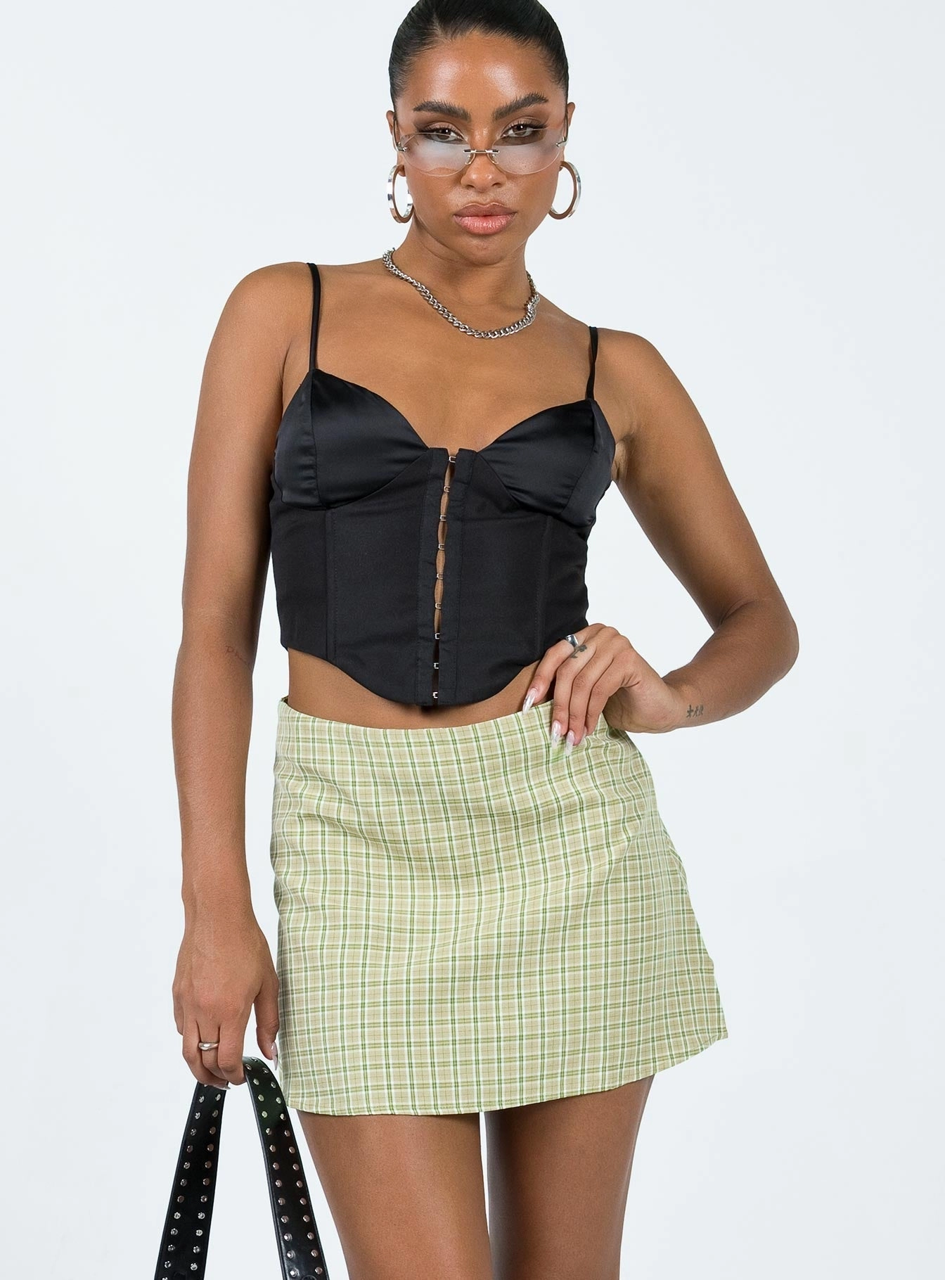 Crisscross Details Cool Details Kai Check Mini Skirt Green