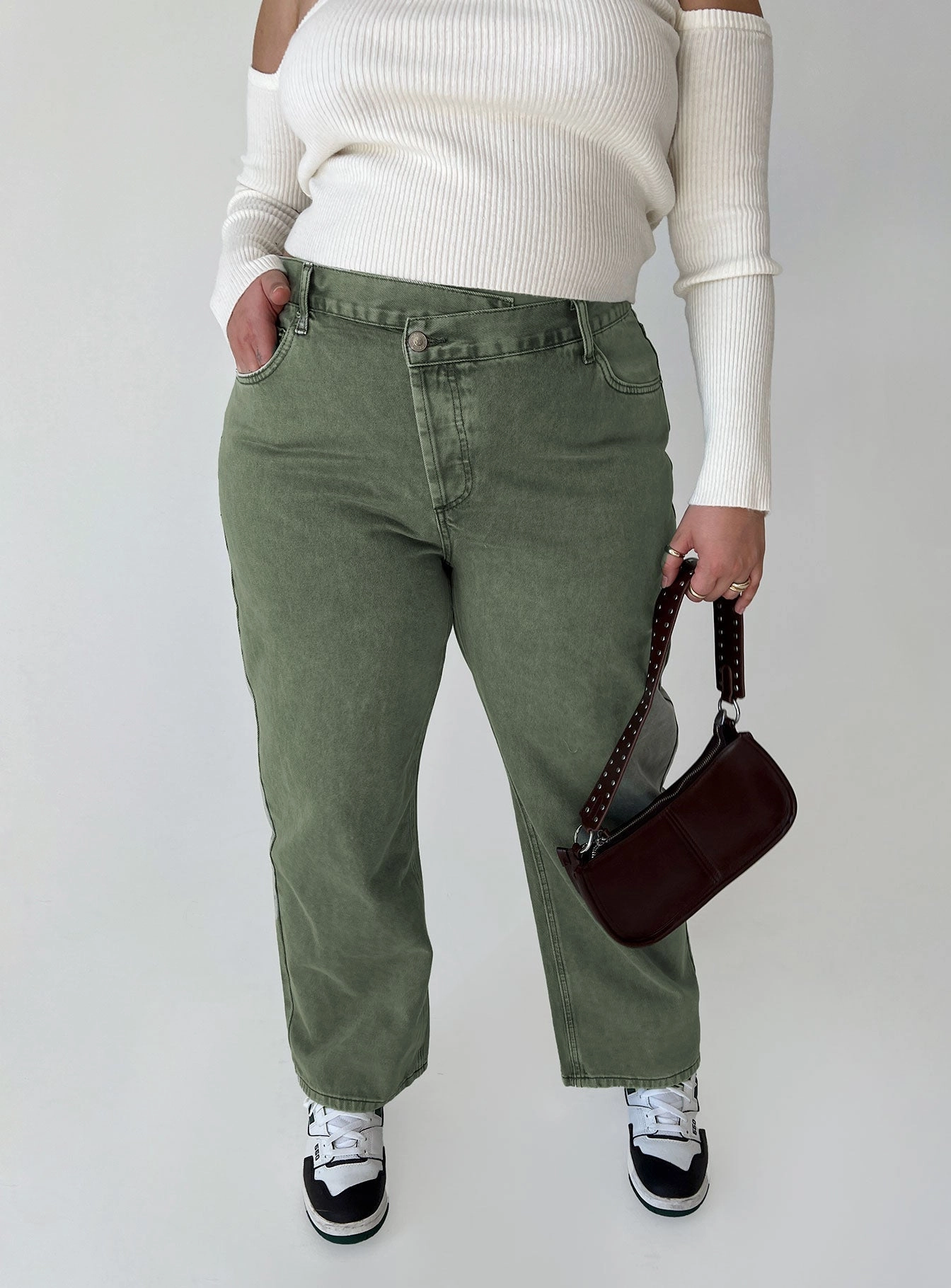 Holly Asymmetric Straight Leg Jean Green Denim Curve Universal Look Relaxed Style Lightweight Durable