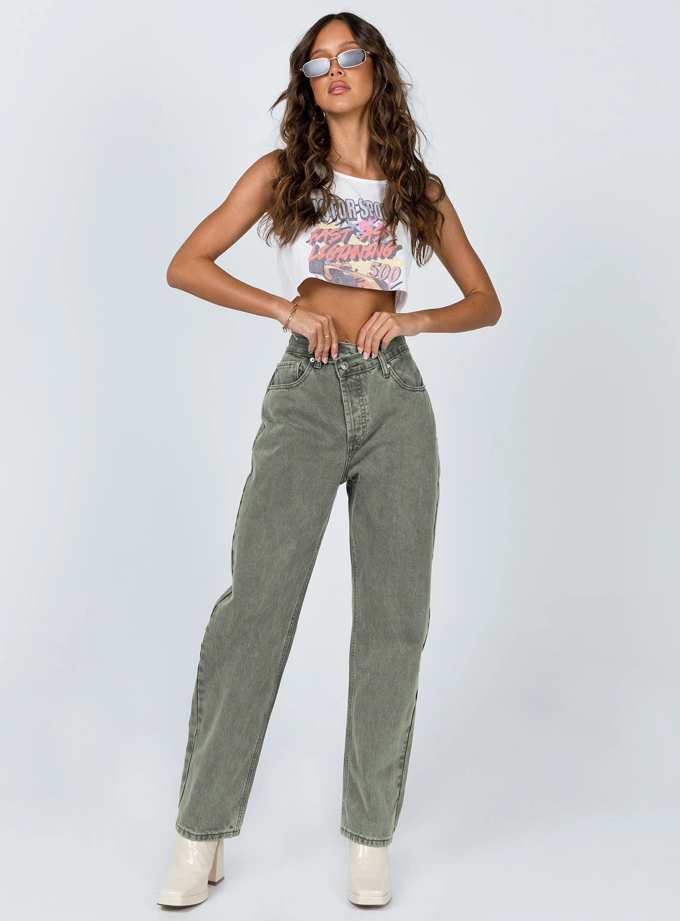 Holly Asymmetric Straight Leg Jean Green Denim Style Layer
