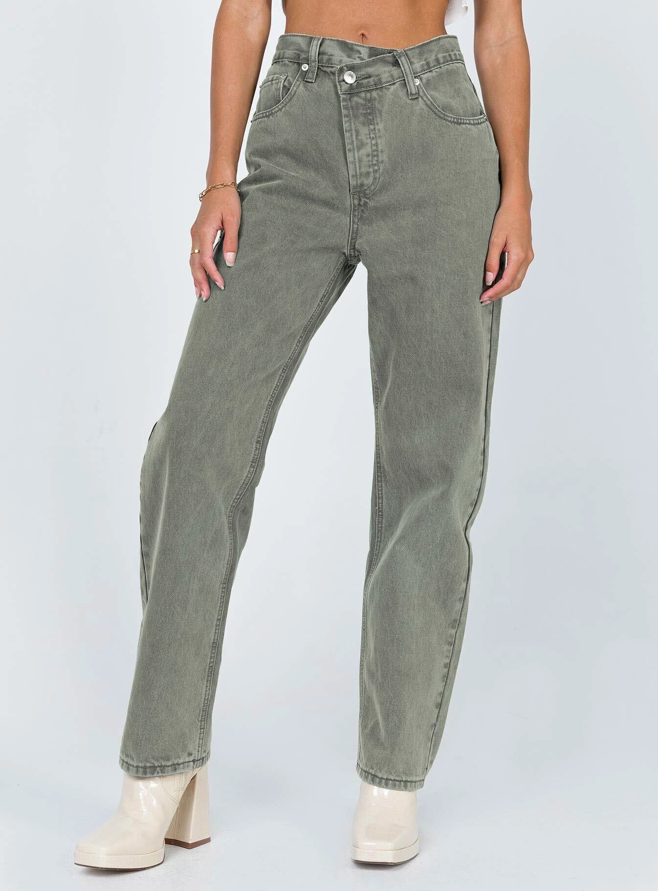 Holly Asymmetric Straight Leg Jean Green Denim Soft Touch