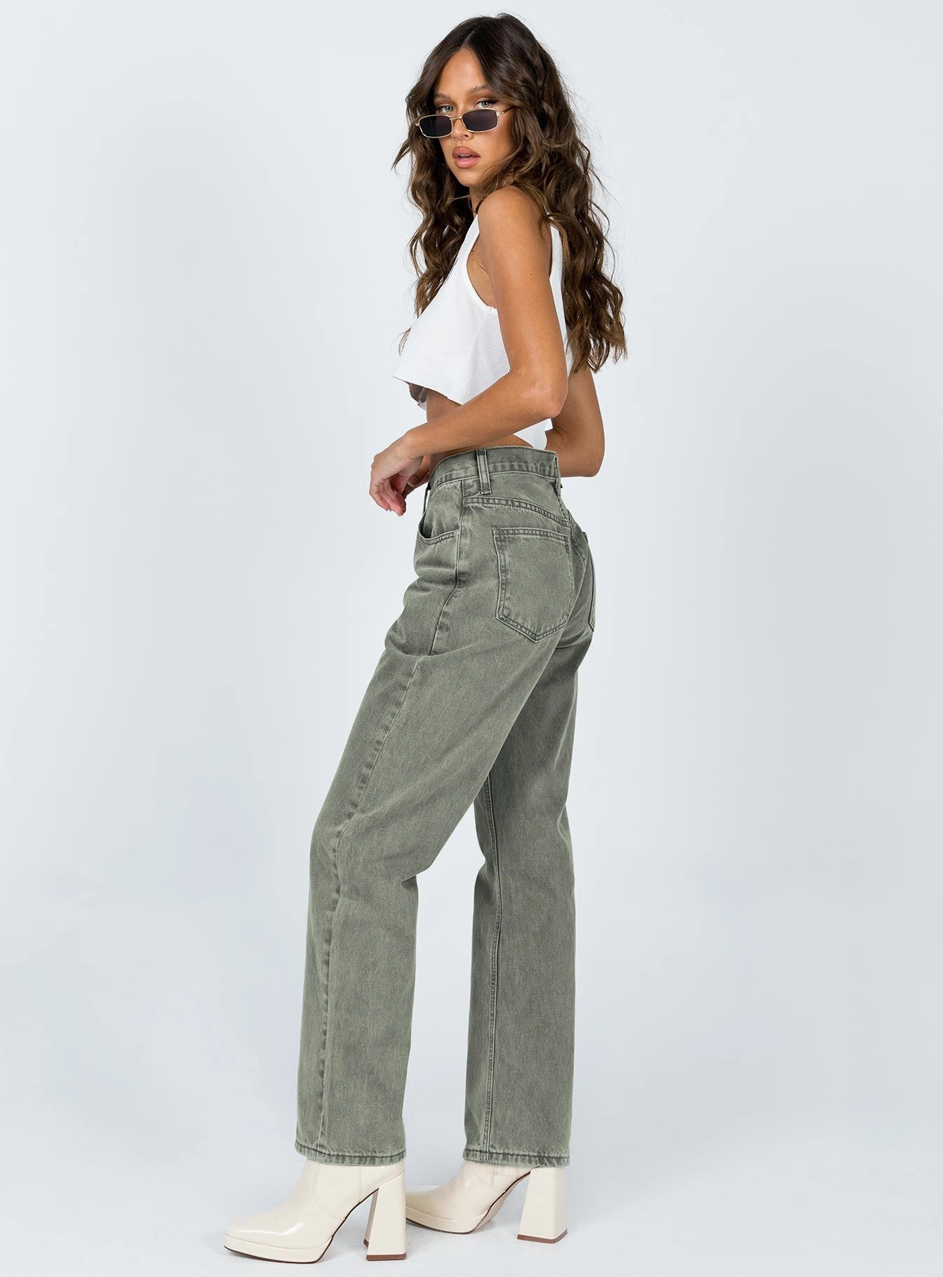 Morning Stroll Streetwear Fan Holly Asymmetric Straight Leg Jean Green Denim