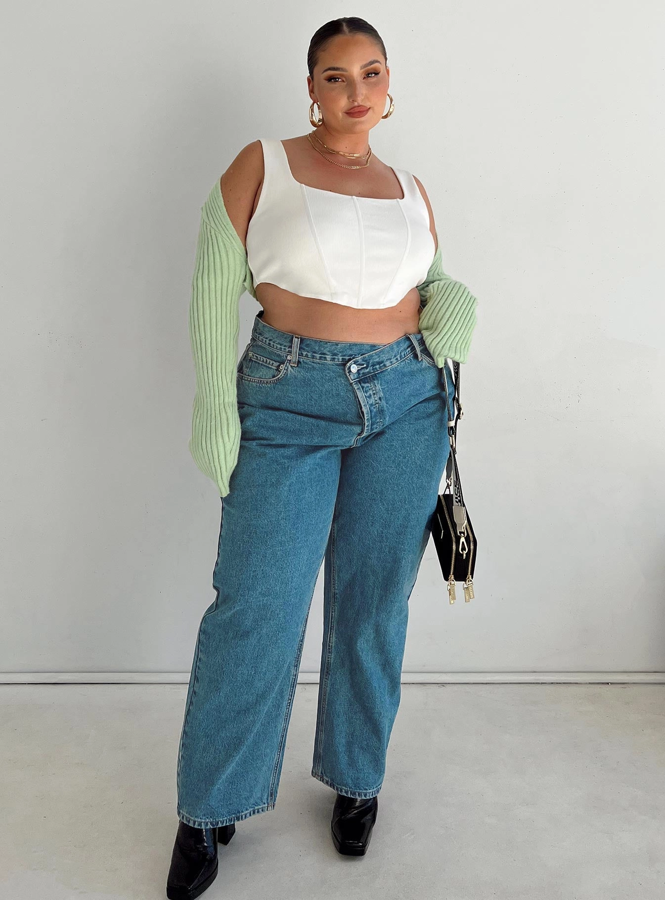 Non Restrictive Cut Holly Asymmetric Straight Leg Jean Mid Wash Denim Curve