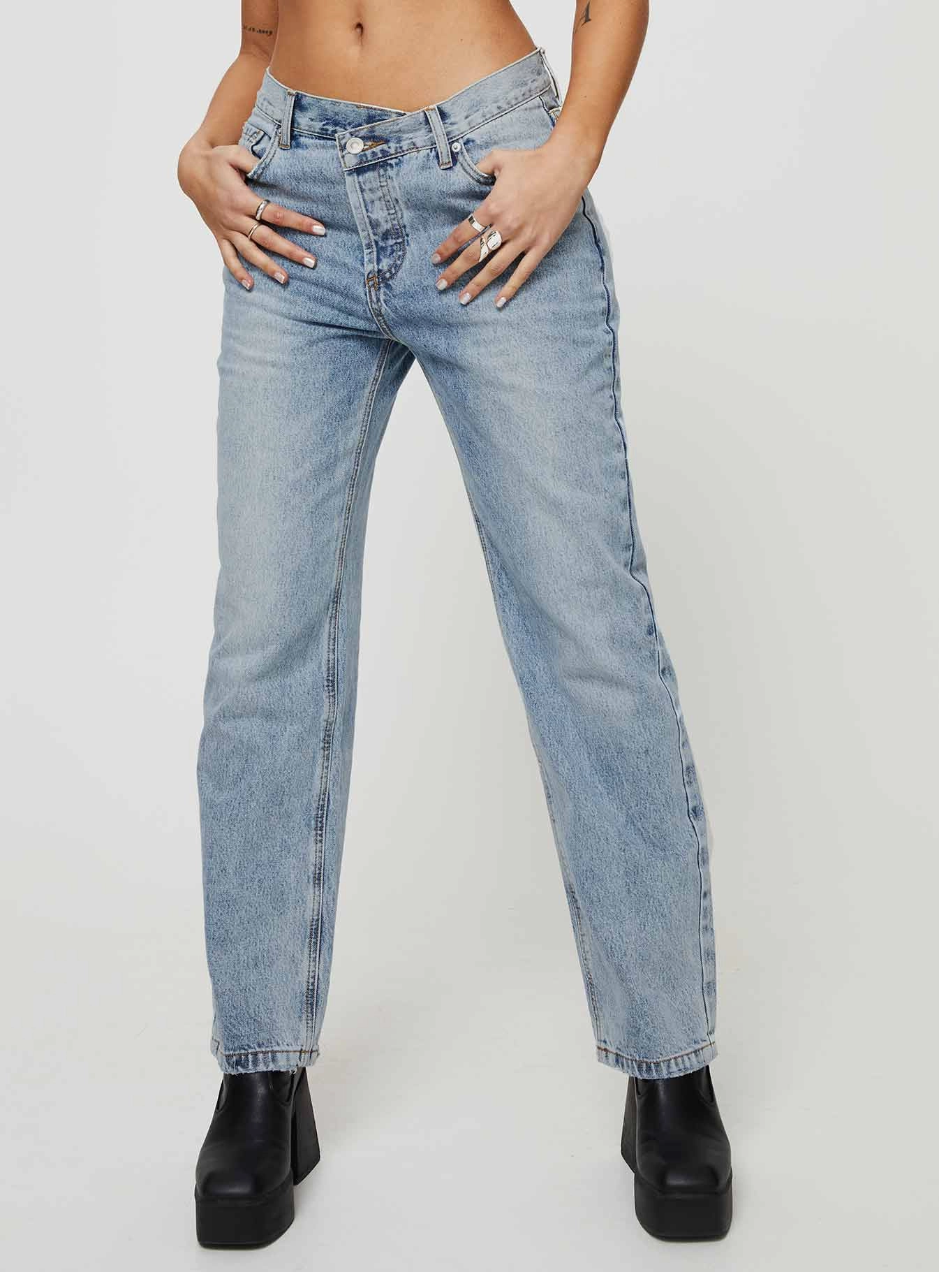 Chill Style Holly Mid Rise Straight Leg Asymmetric Jean Light Wash Denim