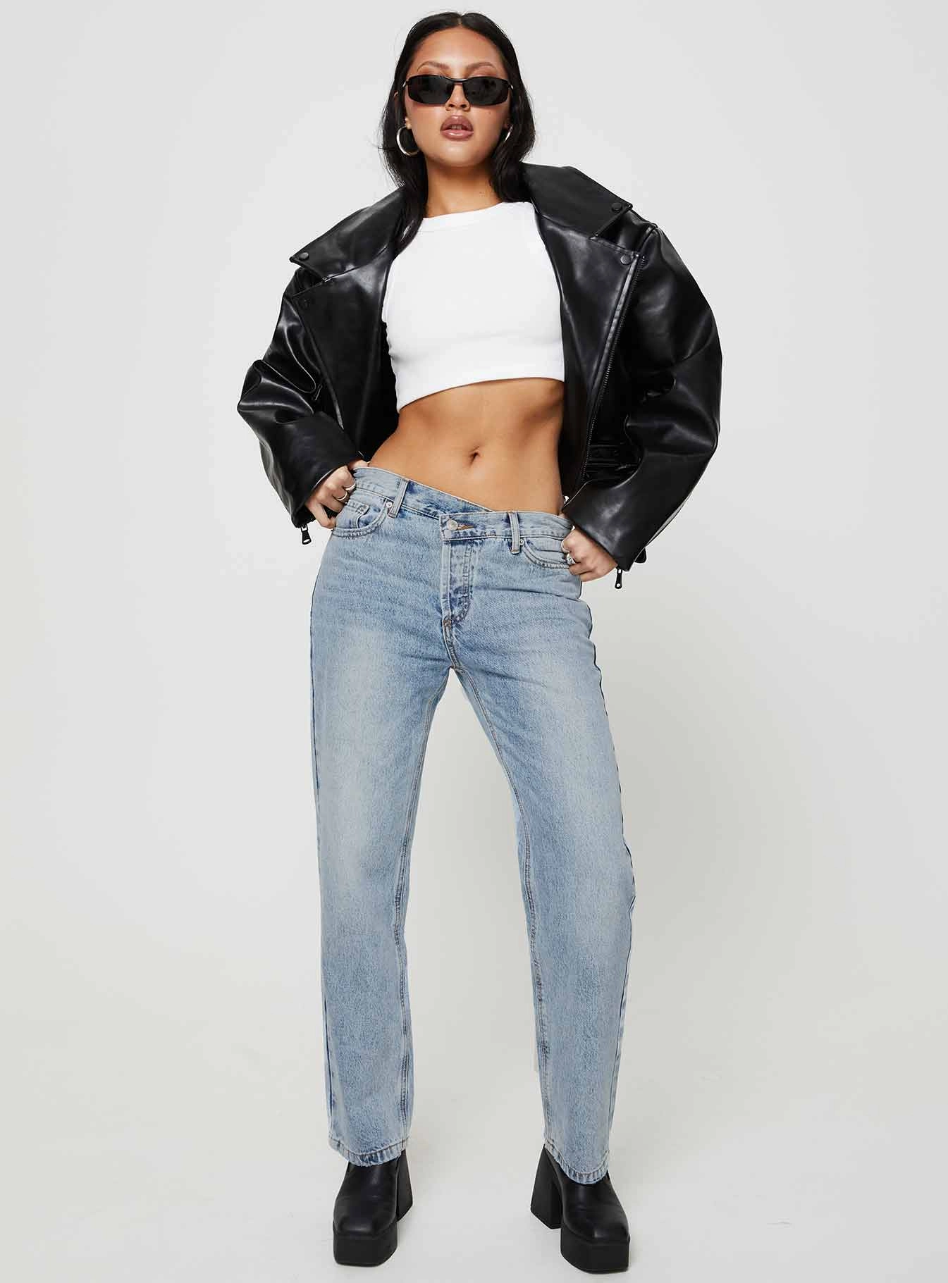 Holly Mid Rise Straight Leg Asymmetric Jean Light Wash Denim Low Maintenance Fabric